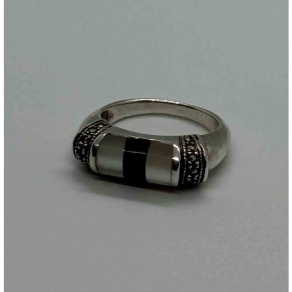 925 STERLING SILVER ABALONE, ENAMEL & MARCASITE RING SIZE 7